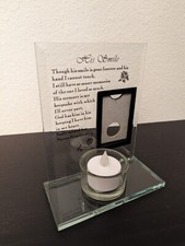 HIS SMILE glass memorial candle holder photo frame w/ battery votive Included