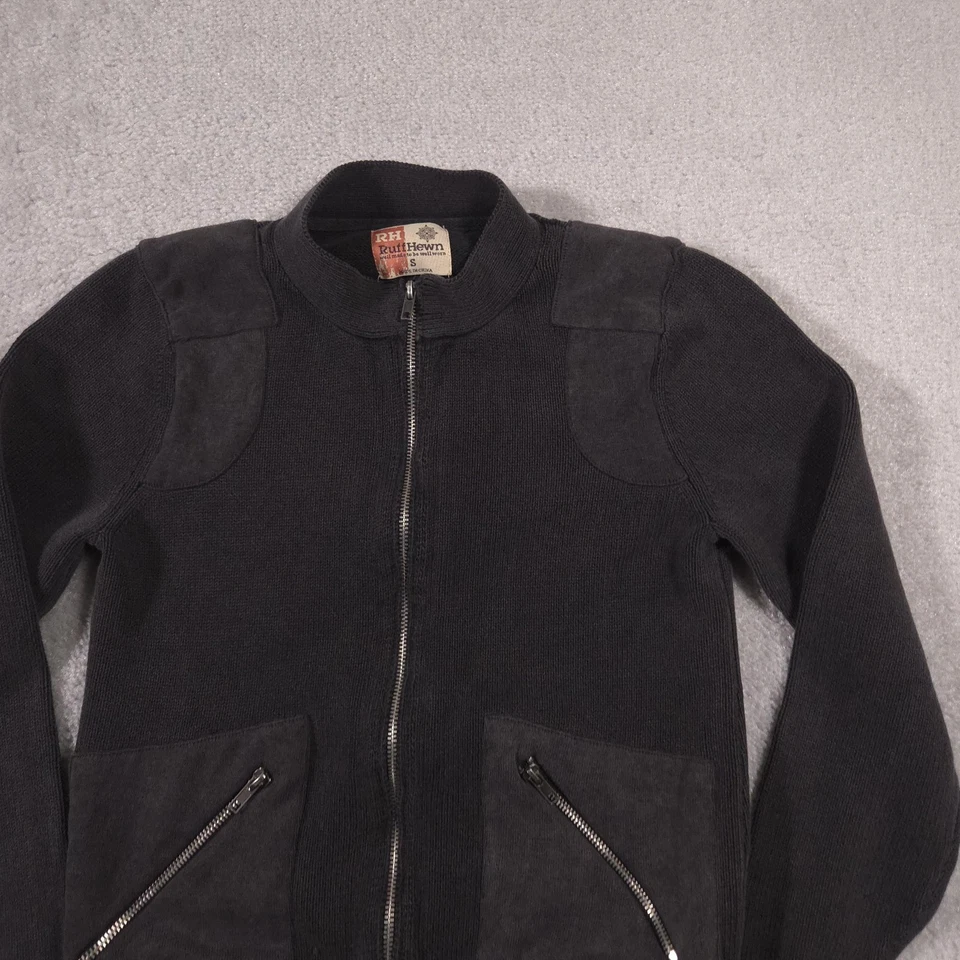 Suéter tallado con volantes para mujer pequeño negro cremallera completa chaqueta de bombardero bolsillos de algodón Foto 2 de 4