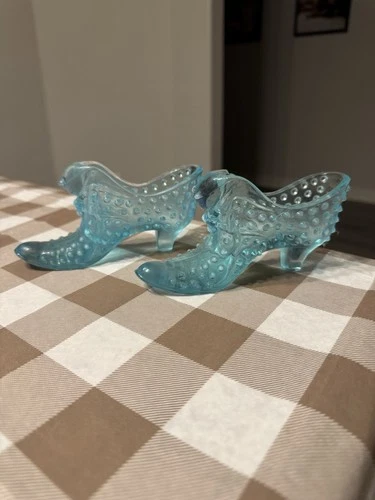 Pair of Vintage Fenton Aqua Blue Opalescent Glass Hobnail Slipper Boot Cat Shoe