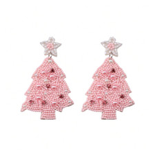 New Pink Beaded Christmas Tree Inspired Dangle Earrings Holidays Cute Gift
