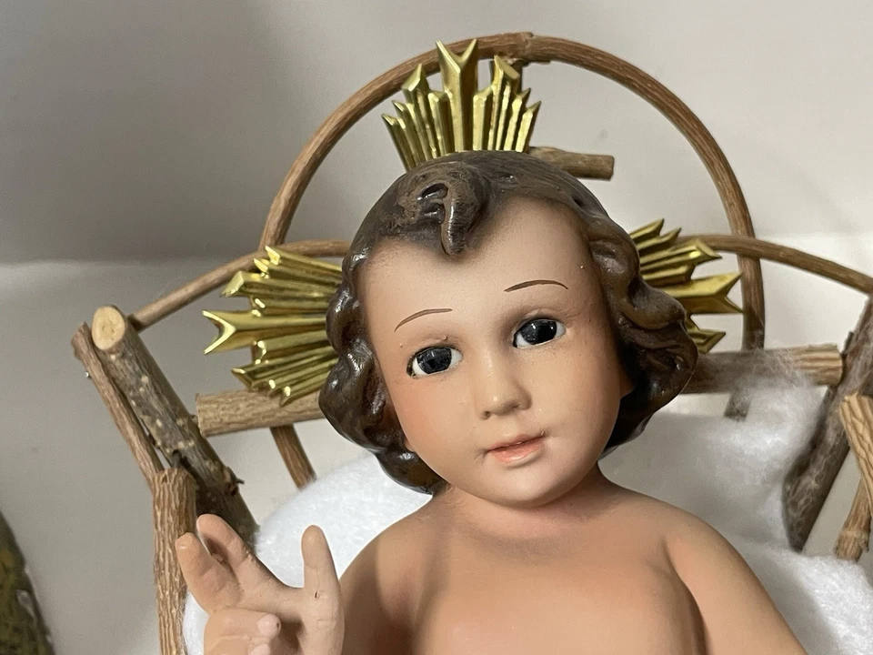 Chalkware Nativity Baby Jesus Wood Crib Glass Eyed Mary & Joseph Spain 1960s HTF - Image 2 of 4