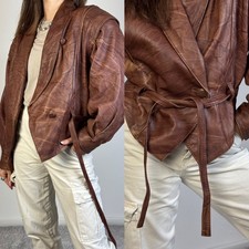 Women's Vintage Brown Leather Biker Jacket with Button and Belt, Lined, size S-M