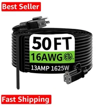 Indoor Outdoor Black Extension Cord 50 ft Waterproof, 16/3 Gauge Flexible Res...