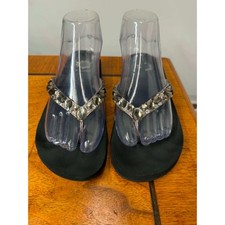 Yellow Box Libby Black Rhinestone Wedge Flip Flop Sandals Womens 9 Leather Upper