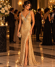 Tony Bowls 8 Gold Sequin Beaded V-Neck Open Criss-Cross Back Slit Long Gown