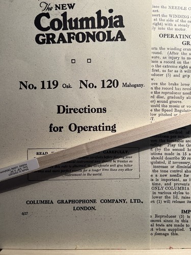 Copy Of Original Columbia  Graphonola No. 119 & 120 Operating Instructions - Afbeelding 5 van 5