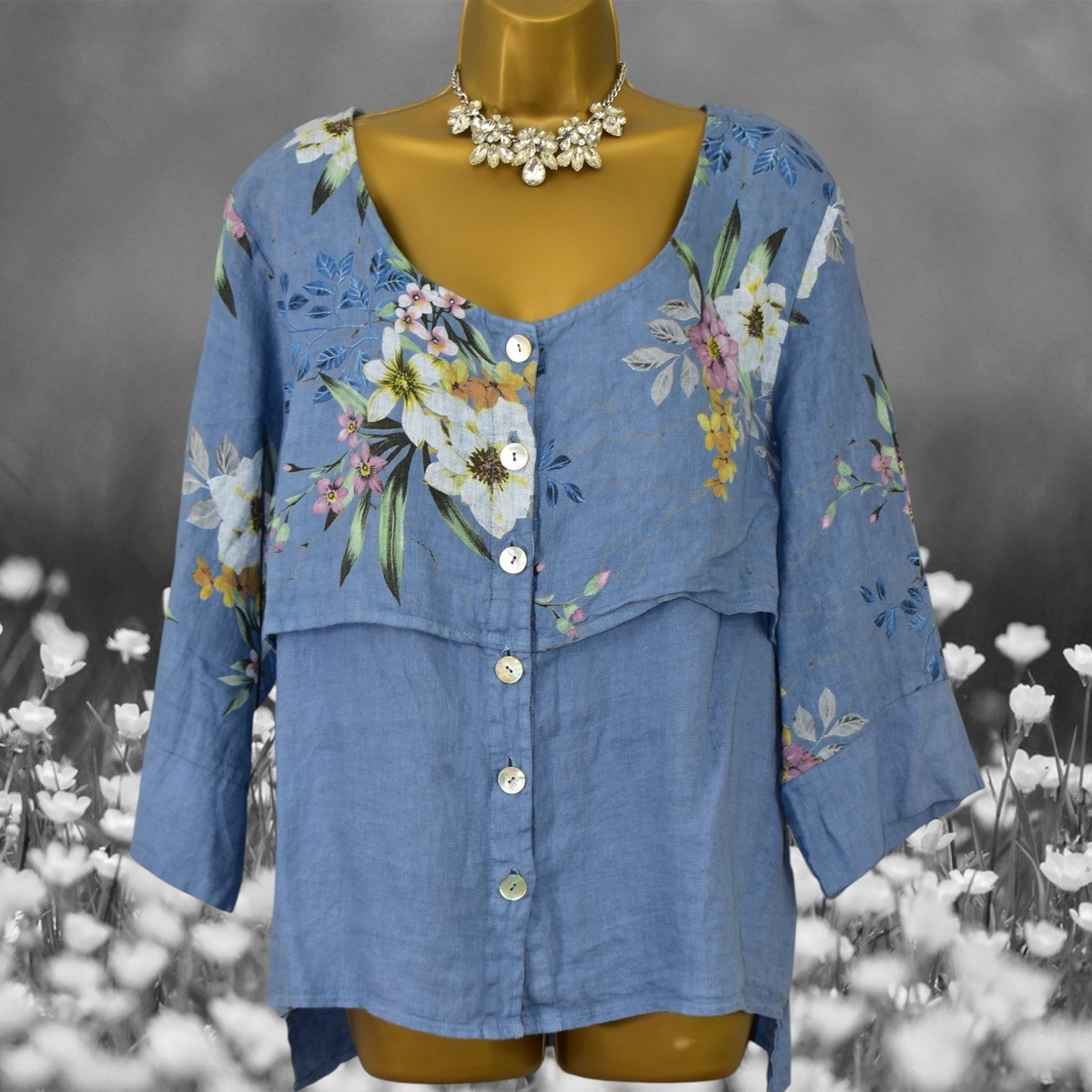 Chesca Size 16 18 Boxy Blue Floral Linen Blouse Top Holiday