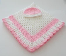 Soft Cuddly White and  Pink Crocheted NEW Baby Blanket w Hat Multi Purpose