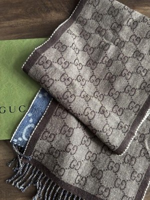 Gucci GG Logo Denim Blue Reversible Muffler Scarves Used with Box