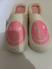 NEW Cute Smile Face Slippers Women Soft Plush Comfy Warm Slip On Pink White 7-8