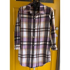 Womens Purple Plaid Longline Flannel Shacket Snap Front Jacket with Pockets M