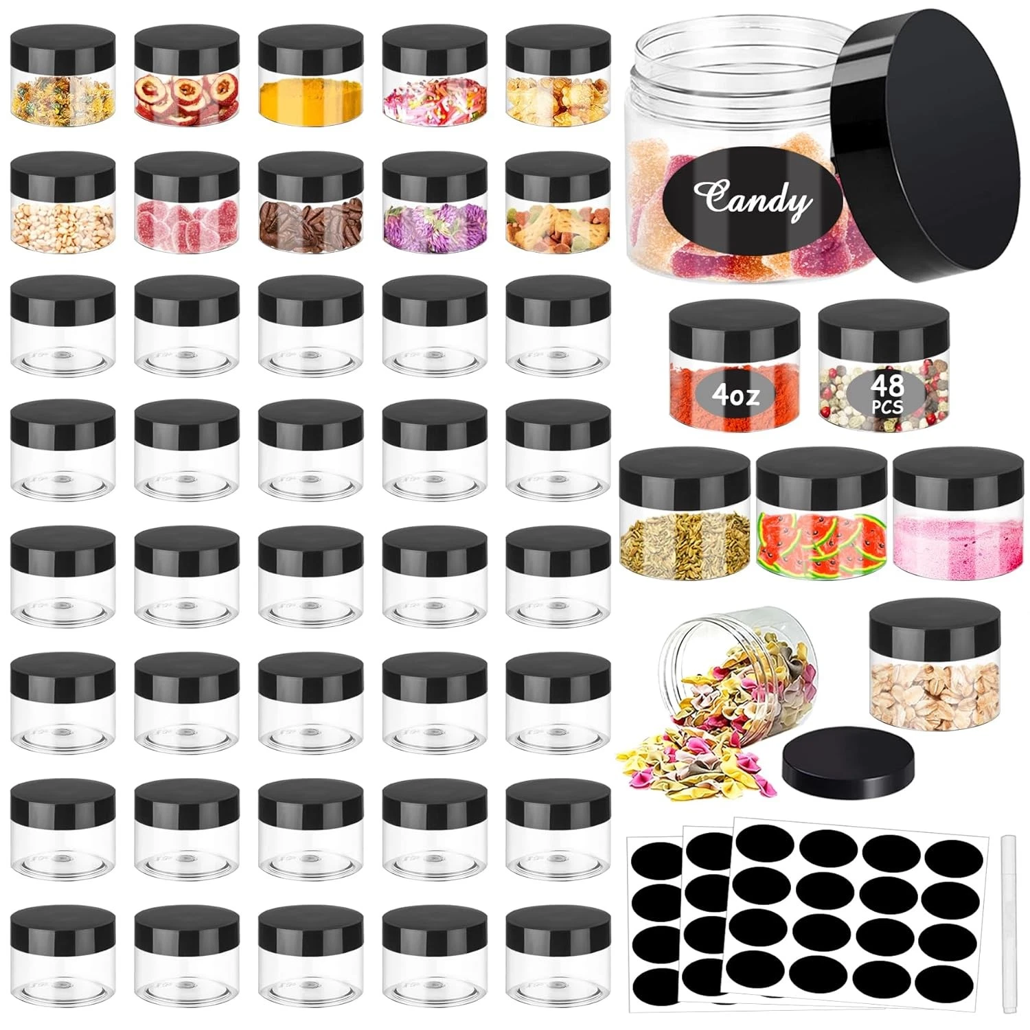 PLASTIC JARS CLEAR WIDE MOUTH 4OZ ROUND 48PCS FOOD STORAGE CONTAINERS DELI