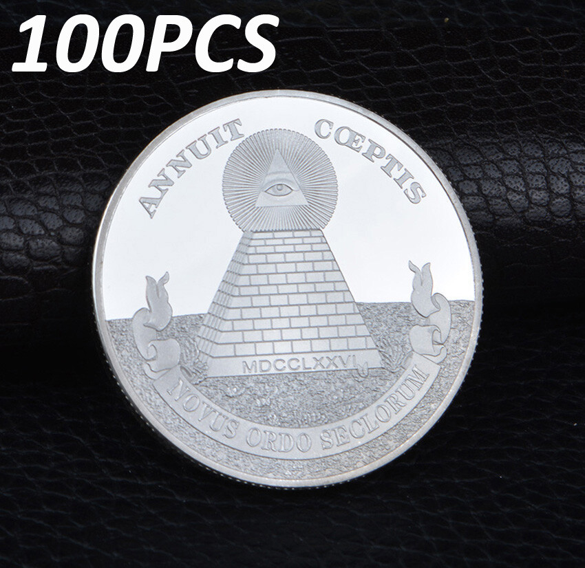 100PCS Souvenir Plated Silver Masonic Coin Collect Pyramid Gold Commemorative