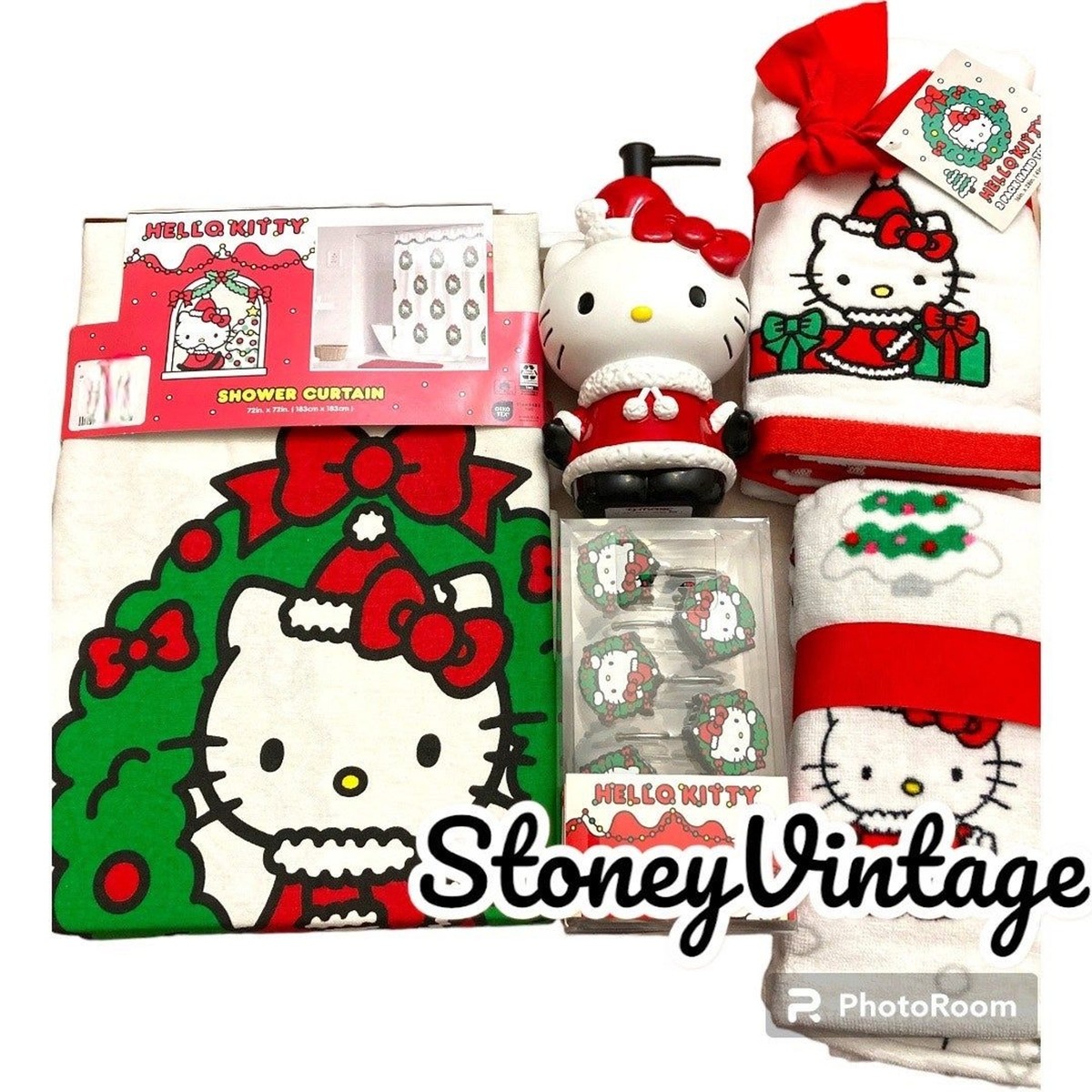 Hello kitty christmas bathroom bundle Shower Curtain, hooks