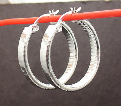 Unikat 4 mm x 25 mm Diamantschliff Runde Creolen Echt 925 Sterling Silber 