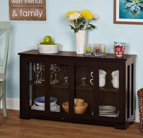 Sideboard Buffet Cabinet Dining Kitchen Storage Sliding Glass Doors Dark Brown - Picture 10 of 24