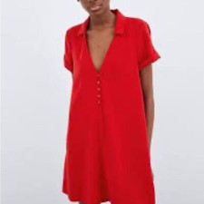 Zara Dress Shift Swing Mini Plunge Collared Split Neckline Buttons Cuffed Red