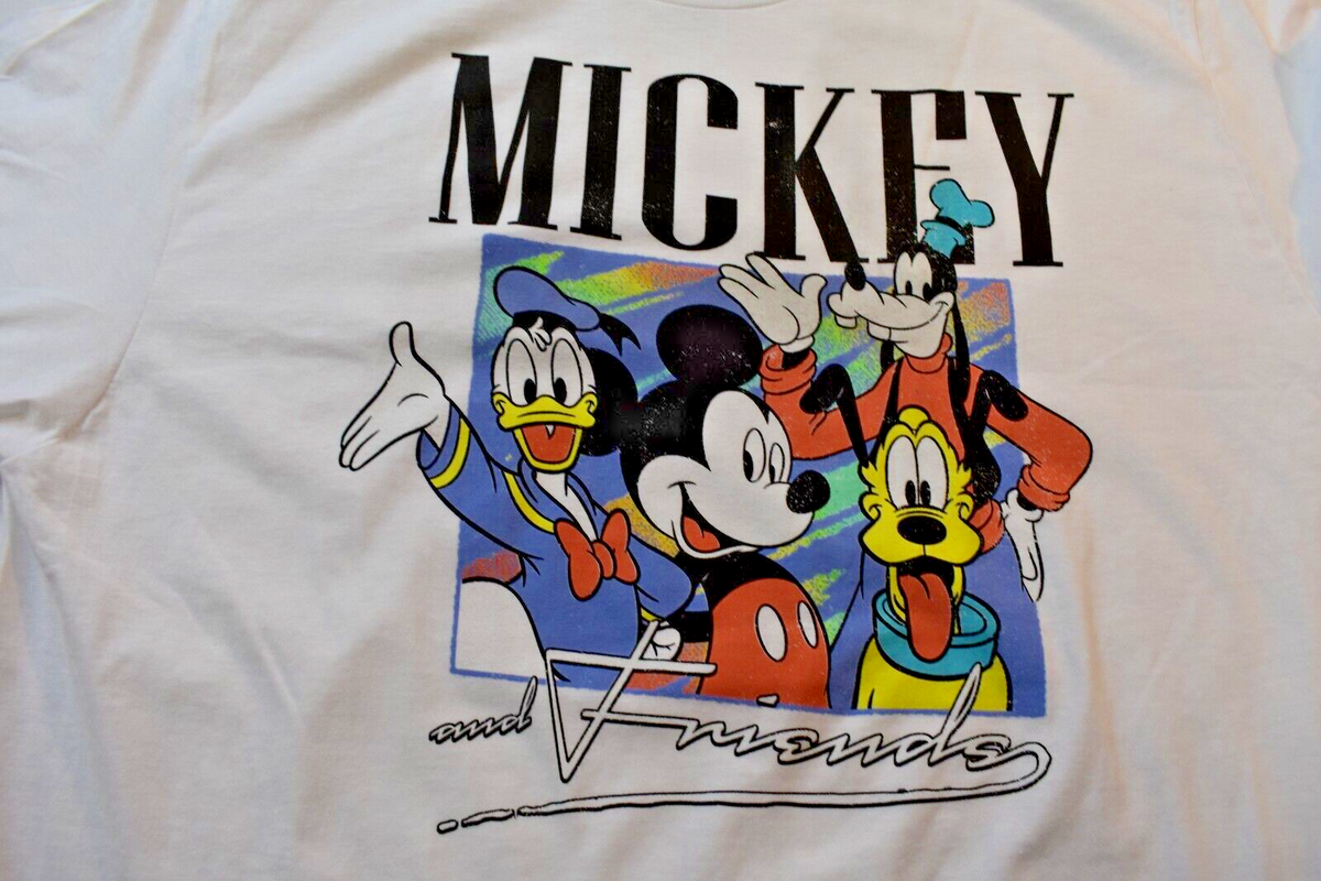 Disney Mens Mickey Mouse & Friends Vintage Graphic White Shirt New