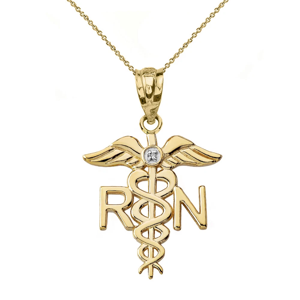 Solid 14k Yellow Gold Diamond RN Registered Nurse Medical Wings Pendant Necklace