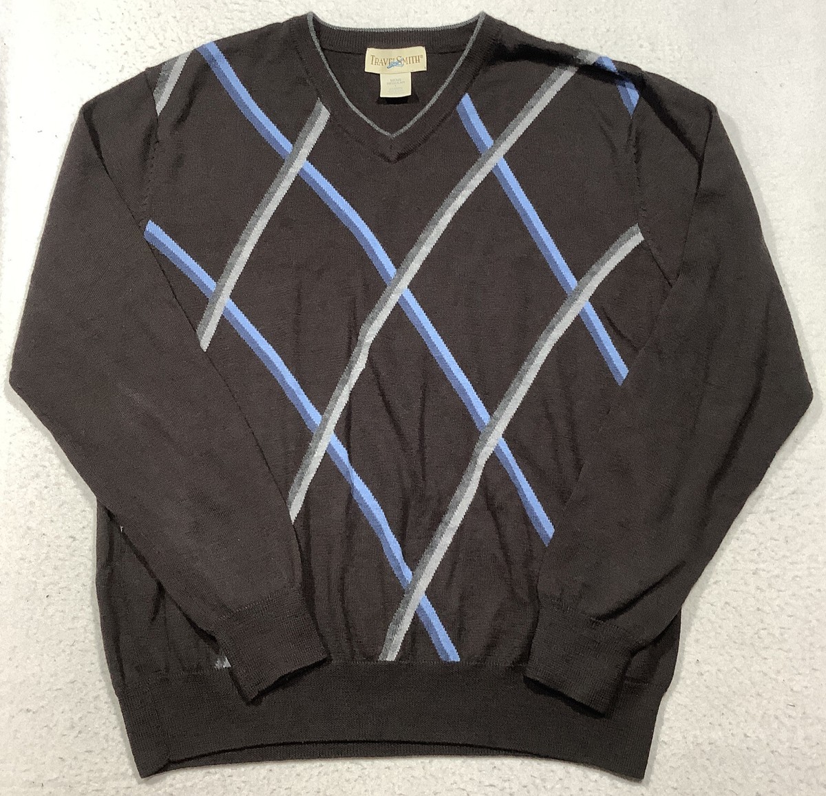 TravelSmith Merino Wool Blend Argyle Sweater Men's Large Brown Diamond