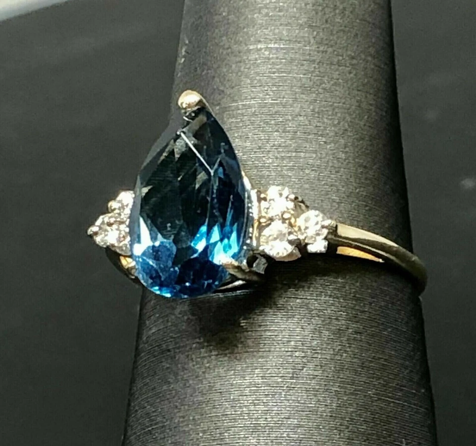 3Ct Pear Cut Created Blue Topaz Solitaire Engagement Ring 14K Yellow Gold Plated - Image 3 of 4