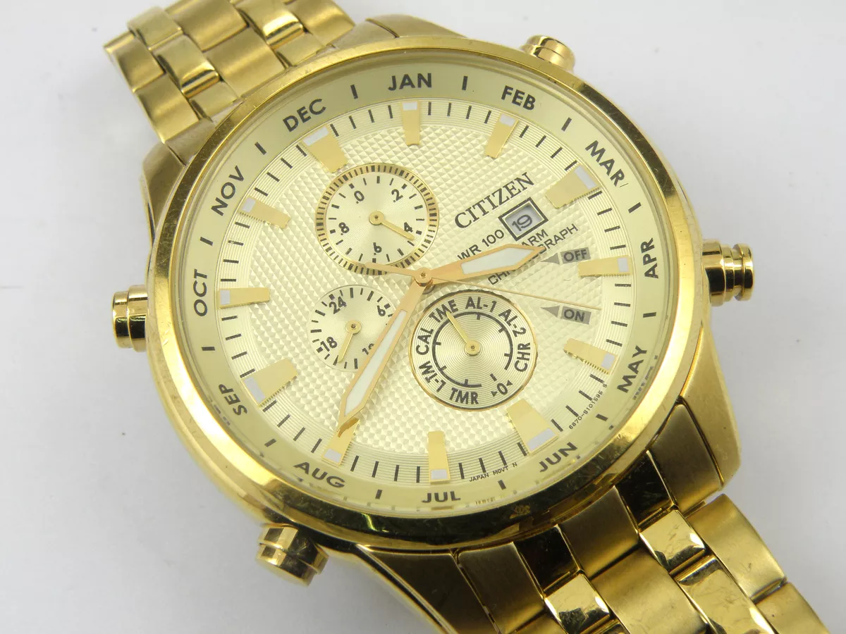 Men s Citizen Cal 6870 Alarm Chrono Gold Dress Watch 100m