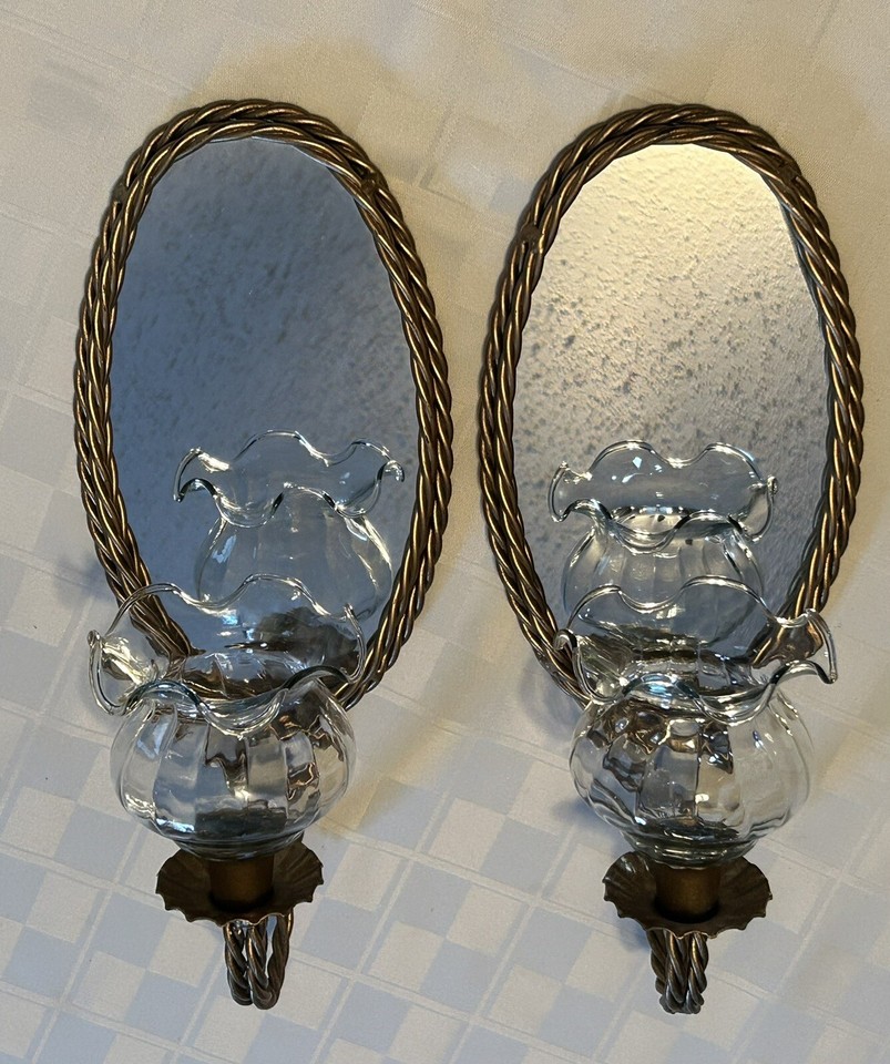 VTG PAIR HOME INTERIORS OVAL MIRROR GOLD TWISTED WALL SCONCES W/GLASS