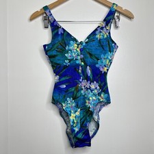 Vintage Mainstream Floral One Piece Swimsuit Size 8 Made in USA Blues Greens