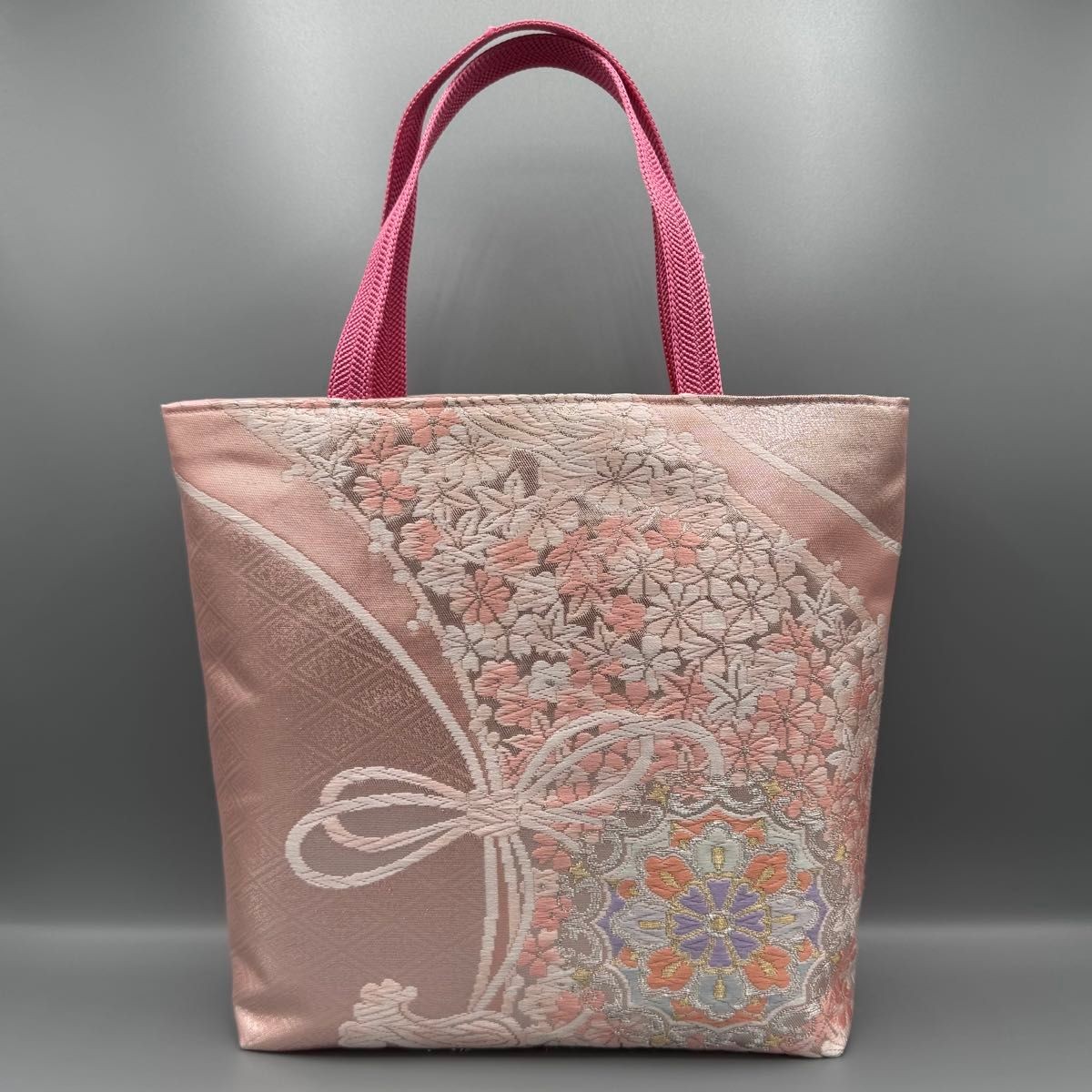 Handmade Japanese Kimono Obi Tote Bag in Pink Karori Silk with Floral Obijime Ha Design