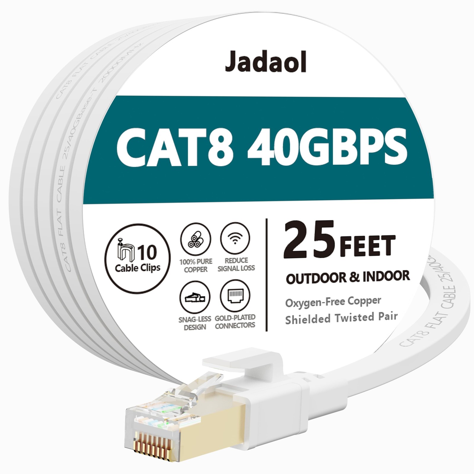 Jadaol JCAT725FTW 25ft Flat Shielded Twisted Pair CAT7 Ethernet Cable - White