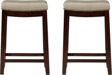 Linon Kingston Brown Wooden Backless Counter Stool Beige Faux Leather Set of 2