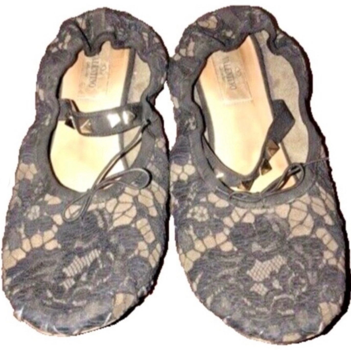 VALENTINO GARAVANI Lace Ballet Flat Shoe with RockStud & Bow BLACK Size 37 thumbnail 3