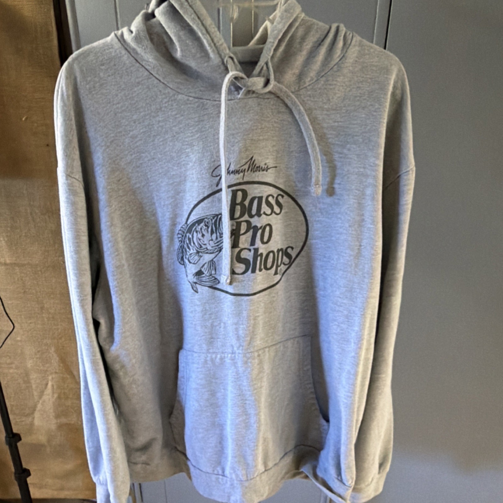 Bass Pro Shops XL Gray Knit Pullover Hoodie Fish Graphic Print Drawstring Men's