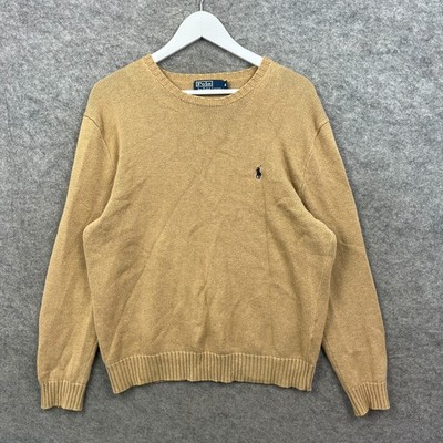 Ralph Lauren Jumper Mens Medium Beige Knitted Sweatshirt Crew Neck 100% Cotton