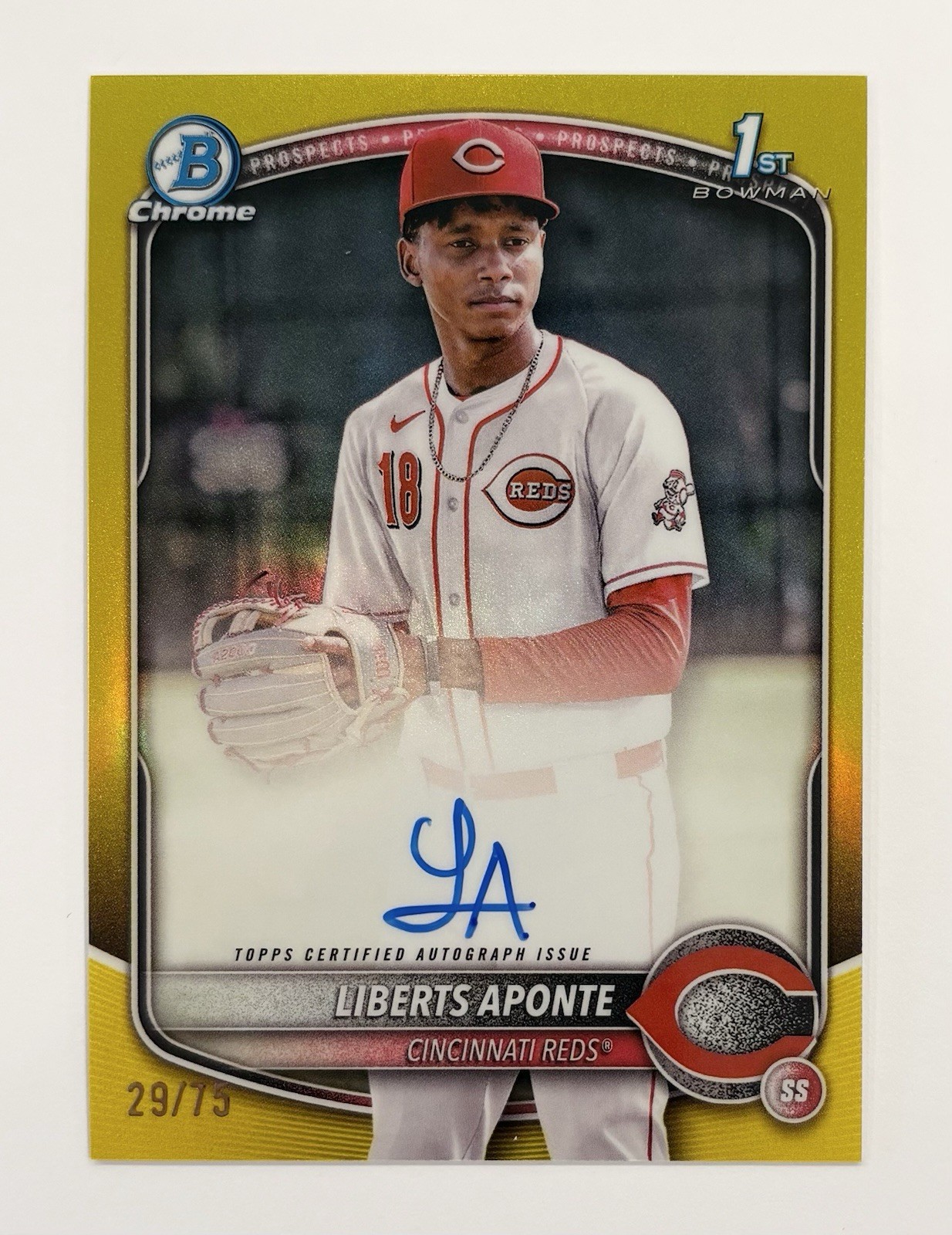 2025 Bowman Chrome Liberts Aponte 1st Yellow Refractor Auto /75 Reds Autograph