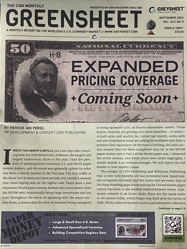 Sept. 2024 CDN Monthly Greensheet US Paper Money Collector Wholesale Price Guide