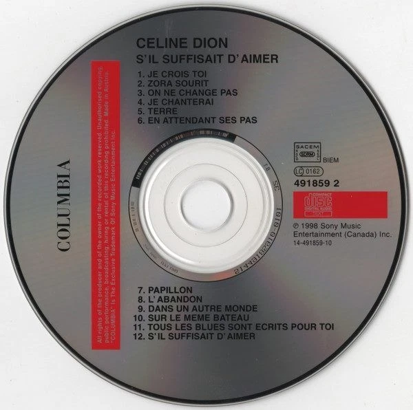 Céline Dion – S'il Suffisait D'aimer (CD, Columbia COL 491859-2)