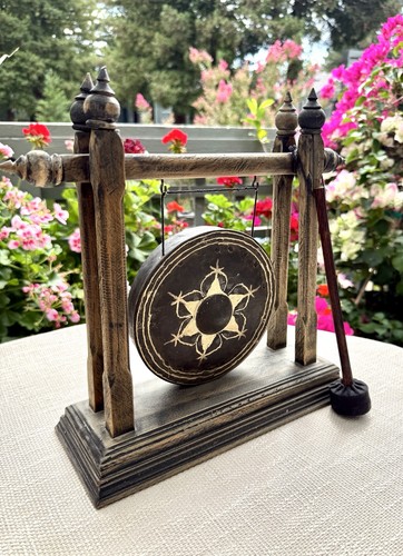 Collectible Thai 6” Table Gong Wood Stand Mallet Asian Temple Meditation Decor