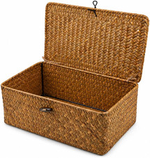 Seagrass Storage Basket with Lid, Handwoven Wicker Storage Box for Shelves, Smal