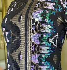 River Island Sequin Sexy Stretch Mini Dress UK16 Gold Black Multi Party Cocktail