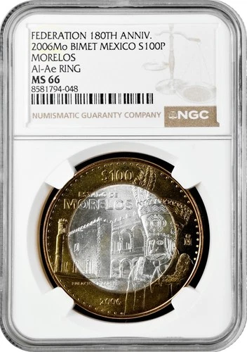 Mexico 100 pesos 2006, NGC MS66, "180th An. of Federation - Morelos" Top Pop 3/0