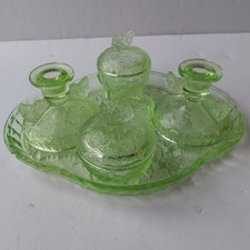 Antique 1930s 1940s Art Deco Green Glass Butterfly Dressing Table Set 6 Pieces 