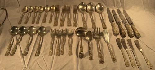 Stieff Repousse Sterling Silver Set 33 Pieces Monogramed “D” 1,233.3 Grams +++