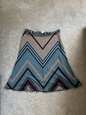 Vintage Y2K A-Line Midi Skirt with Geometric Brown and Turquoise Stripe Pattern