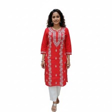 Red Hand Embroidered Straight Cotton Kurti for Women  Chikankari Cotton Kurti