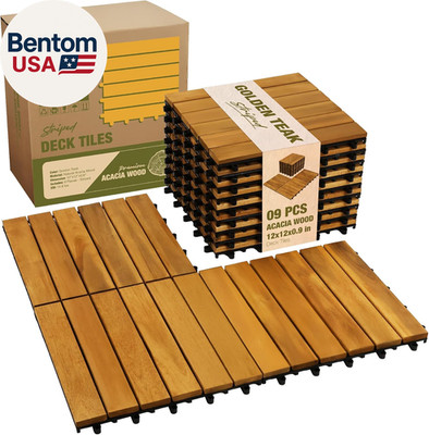 Premium Acacia Wood Interlocking Deck Tiles, 9 PCS 12''X12''X0.9'' Floor Tiles, Wat