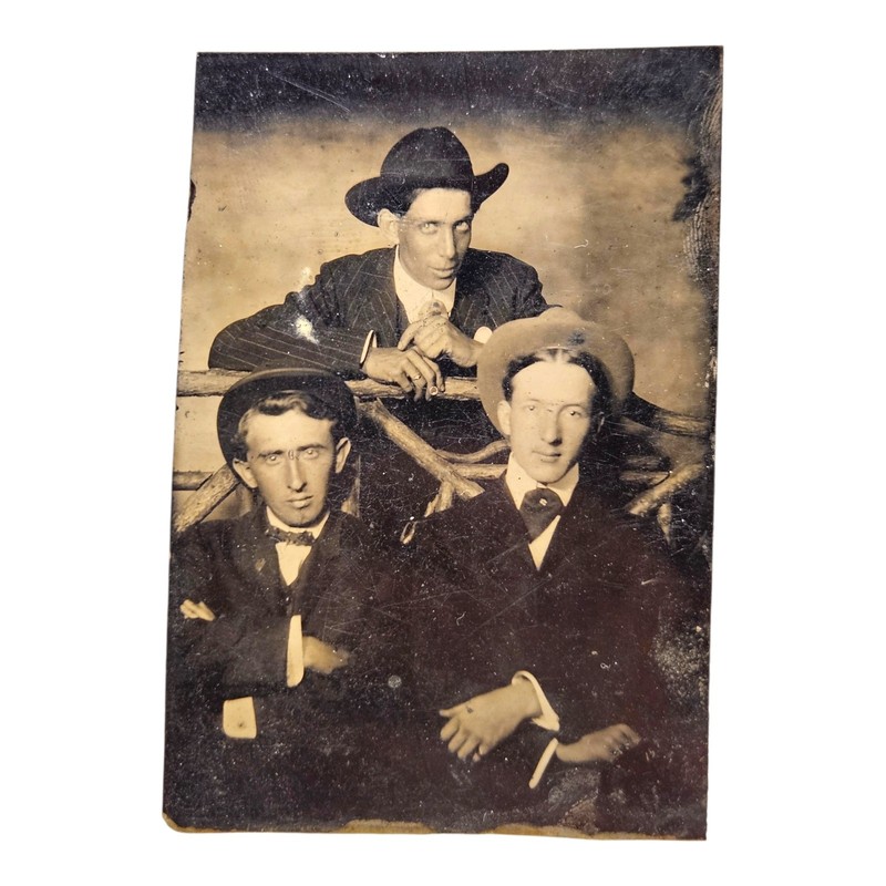 3 Western Country Dressed Up Dapper Cowboys Tintype Photograph Handsome Men