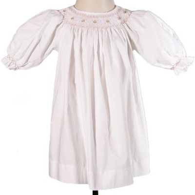 White Geometric Smocked With Pink Flowers Long Sleeve Bishop Dress
