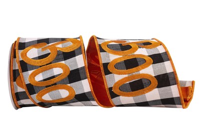 93974W-982-10D Boo Embroidered Buffalo Dupioni Check Wired Edge Ribbon, 4 Inc...