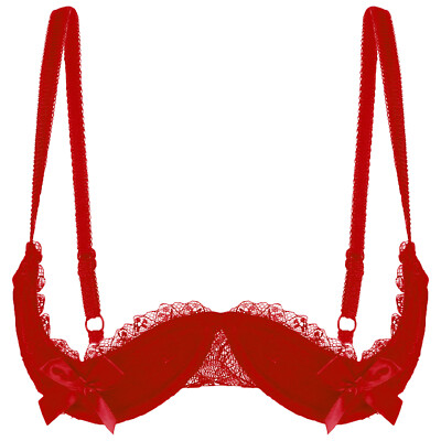 Women's Mesh Floral Lace Trim 1/4 Cups Underwired Bra Bowknot Push Up Brassiere